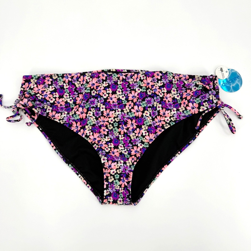 Decree Womens XXL Bikini Bottoms Floral Mid-Rise‎ Side Tie Black Multi